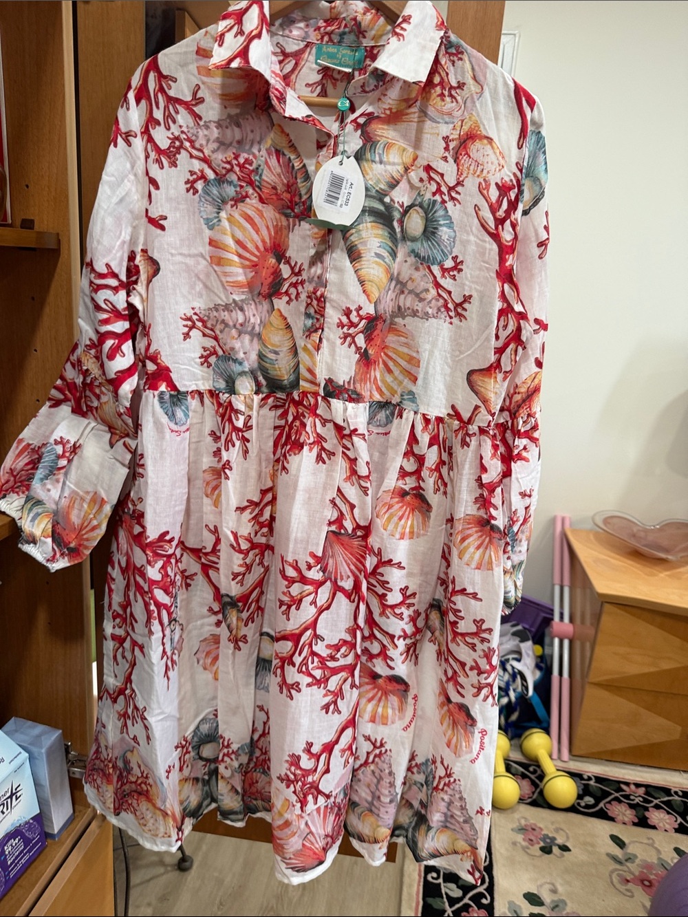 Seashell & Coral Print Long Sleeve Tiered Dress - White & Red